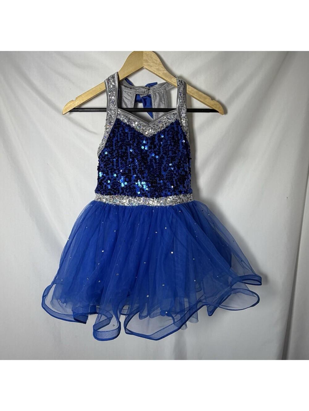 Weissman Girls Dance Costume Blue With Silver Sequins Tule Dress Size MC